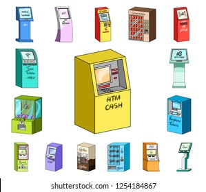 Variety of terminals cartoon icons in set collection for design. ATM and trading device vector symbol stock web illustration.