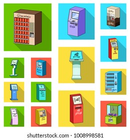 Variety of terminals flat icons in set collection for design. ATM and trading device vector symbol stock web illustration.