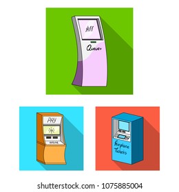 Variety of terminals flat icons in set collection for design. ATM and trading device vector symbol stock web illustration.