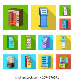 Variety of terminals flat icons in set collection for design. ATM and trading device vector symbol stock web illustration.