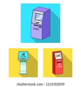 Variety of terminals flat icons in set collection for design. ATM and trading device vector symbol stock web illustration.