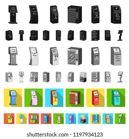 Variety of terminals flat icons in set collection for design. ATM and trading device vector symbol stock web illustration.