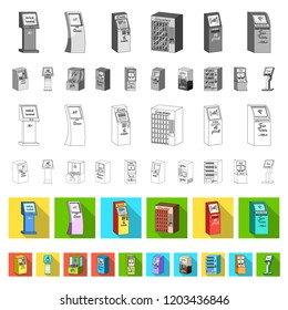 Variety of terminals flat icons in set collection for design. ATM and trading device vector symbol stock web illustration.