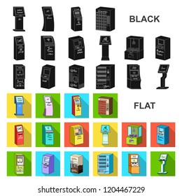 Variety of terminals flat icons in set collection for design. ATM and trading device vector symbol stock web illustration.