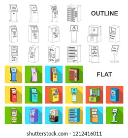 Variety of terminals flat icons in set collection for design. ATM and trading device vector symbol stock web illustration.