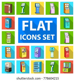 Variety of terminals flat icons in set collection for design. ATM and trading device vector symbol stock web illustration.