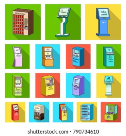 Variety of terminals flat icons in set collection for design. ATM and trading device vector symbol stock web illustration.
