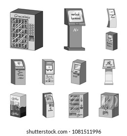 Variety of terminals monochrome icons in set collection for design. ATM and trading device vector symbol stock web illustration.