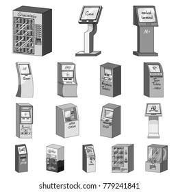 Variety of terminals monochrome icons in set collection for design. ATM and trading device vector symbol stock web illustration.