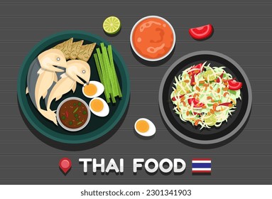 Variety of Thai food. Mackerel chili paste, papaya salad. Thai food on the table. Top view. Thai restaurant concept. Asian style feast