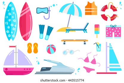 Variety of things for entertainment on beach and water in flat design. Surfboard, mask, bal, cocktail, yacht, fins, buoy, windsurfing, swimwear, lifejacket, slippers, scooter vector illustration.