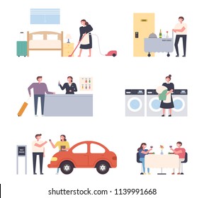 A variety of things a hotel staff character and a guest character do. flat design style vector graphic illustration set