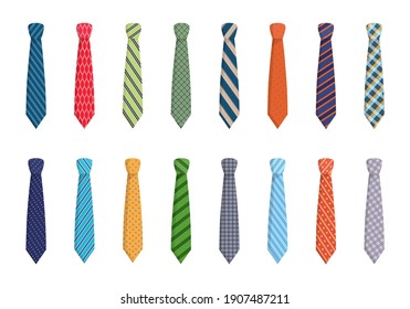 Variety of ties set. Elegant blue striped textiles with red checkers pink wavy with green mesh and solid purple festive work piece clothing with trendy design. Vector accessory cartoon.