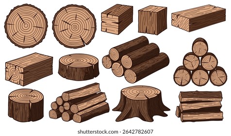 Variety of Timber Wood Cuts and Logs Illustrations Depicting Forestry and Lumber