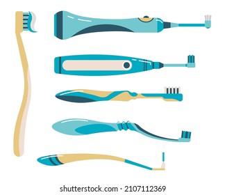 Variety of tools for dental hygiene and cleanliness of teeth, regular and electric toothbrushes for protection from cavity and bacteria. Routine and wellness, healthcare and freshness. Vector in flat