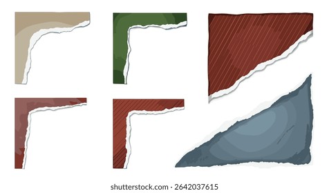 A Variety of Torn Paper Corner Elements in Different Colors and Textures Shown