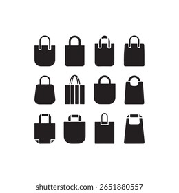Variety of Tote Bags and Shopping Bags Silhouettes.This image features a collection of various tote bag and shopping bag silhouettes in a simple, clean design.