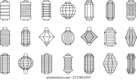 Una variedad de Formas y patrones de linternas tradicionales presentados en un formato de contorno limpio, blanco y negro.