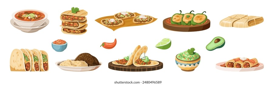 Variety of traditional Mexican dishes including tacos, tamales, tostadas, enchiladas, guacamole, and soup. Colorful food illustration isolated.