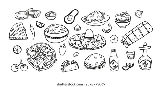 Variety of traditional Mexican dishes including tacos, tamales, tostadas, enchiladas, guacamole, and soup. Line art , doodle food illustration isolated on white .Trendy Mexican food.