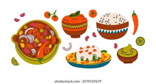 Variety of traditional Mexican dishes including, enchiladas, guacamole, and soup. Colorful food illustration isolated on white .