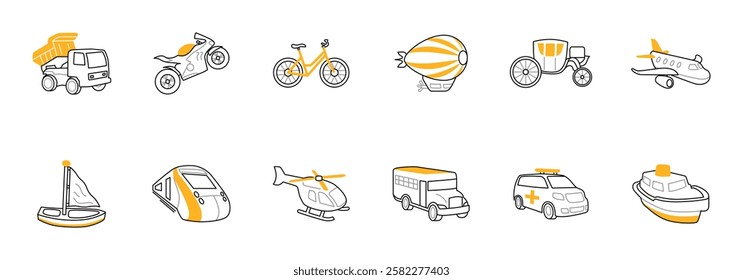 variety of transportation methods including land, air, and sea vehicles, depicted as simple line drawings.