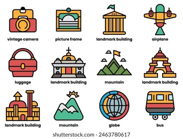 A variety of travel-related icons, including airplanes, suitcases, and landmarks. The icons are arranged in a grid, with some overlapping each other. Scene is that of a bustling travel scene