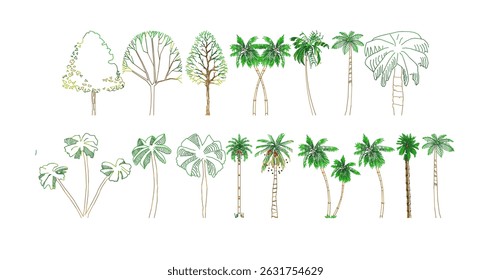 Variety tree drawings, includes palms. Different forms, foliage. Great for architectural landscape design CAD blocks.