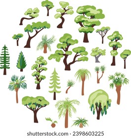 La variedad de árboles está aislada en un fondo blanco. Pintura verde vista lateral, conjunto de elementos de árbol gráfico símbolo de contorno para diseño de arquitectura y paisaje. 