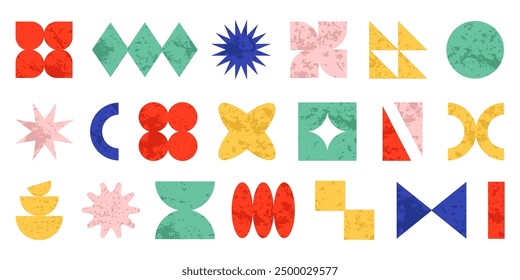 Variety of trendy simple colorful geometric shapes, figures and forms with risograph effect isolated on white background. Abstract basic riso doodle geometric design elements vector illustration