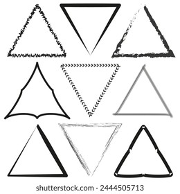 Variety of triangle designs. Geometric shape collection. Abstract triangle set. Diverse strokes and textures. Vector illustration. EPS 10.