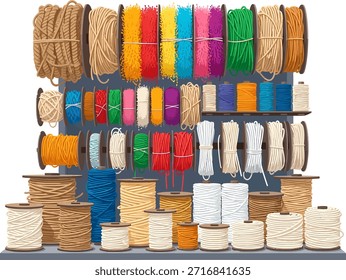 Variedade de carretéis de cordéis e cordas em diferentes cores e texturas