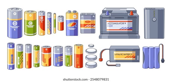 Tipos variados de pilhas alcalinas e acumuladores fontes de energia elétrica isoladas sobre branco