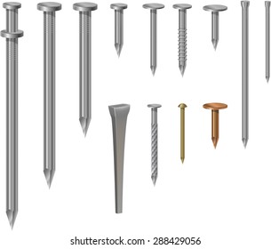 A variety of types and sizes of nails. EPS 10 vector file contains gradient mesh and transparencies.