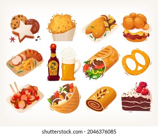 Variety of typical german street foods snacks and dishes. Set of isolated vector meal illustrations. Traditional European cuisine and fast food icons.