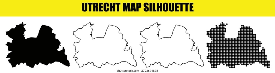 Variety of Utrecht map silhouettes including solid, white, outline, and dotted versions, suitable for diverse graphic design, educational content, and regional mapping needs