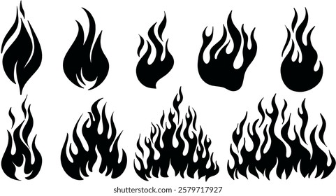 variety vector black fire flame icons.