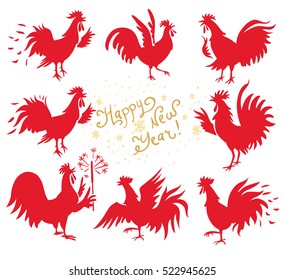 Variety vector silhouettes chicken in red color isolated on white background with the words Happy New Year! New year's congratulatory design. Male chickens set