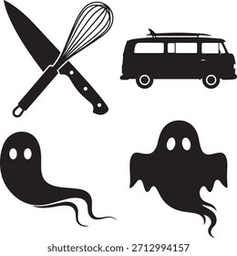 Variety of vector silhouettes includes kitchen utensils knife and whisk, classic camper van with surfboard, and two distinct ghostly apparitions for Halloween or spooky designs on transparent background.