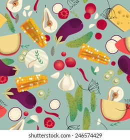 Variety of vegetables and cheeses. Seamless background pattern. Vector illustration