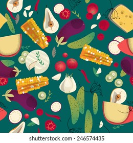 Variety of vegetables and cheeses. Seamless background pattern. Vector illustration