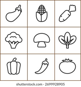 Variety of Vegetables Icons in a Grid Format Food Illustration.