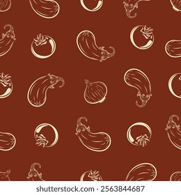 A variety of vegetables will make dishes amazing and decorate them, eggplant, tomato, pepper, onion, vector, seamless pattern,  