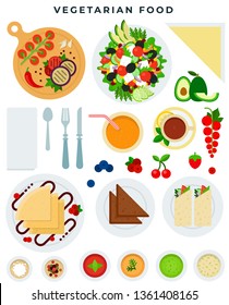 Variety of vegetarian food, raw and cooked, set. Vegetables, fruits, salad, pancakes, rolls, soups, sandwiches, drinks. Concept for vegetarian, dieting, weight loss, keeping fit, healthy eating.