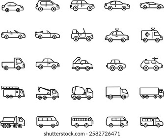 Variety of Vehicle Icons in a Minimalist Outline Style