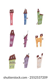 A variety of vibrant colored houses displayed on a white background. Cute cartoon style buildings isolated. Vector children's illustration of cottages