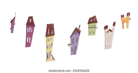 A variety of vibrant colored houses displayed on a white background. Cartoon style buildings isolated. Vector children's illustration