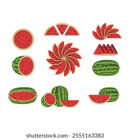 Variety of Watermelon Slices and Whole Watermelons on White Background	