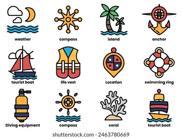 Una variedad de iconos relacionados con el agua, incluyendo un chaleco salvavidas, una brújula, un barco, un anillo de vida y un ancla de barco. Los iconos están organizados en una cuadrícula, con algunos superpuestos entre sí