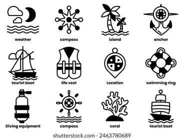 Eine Vielzahl von wasserbezogenen Icons, darunter eine Schwimmweste, ein Kompass, ein Boot, ein Rettungsring und ein Bootsanker. Die Symbole sind in einem Raster angeordnet, wobei sich einige überlappen